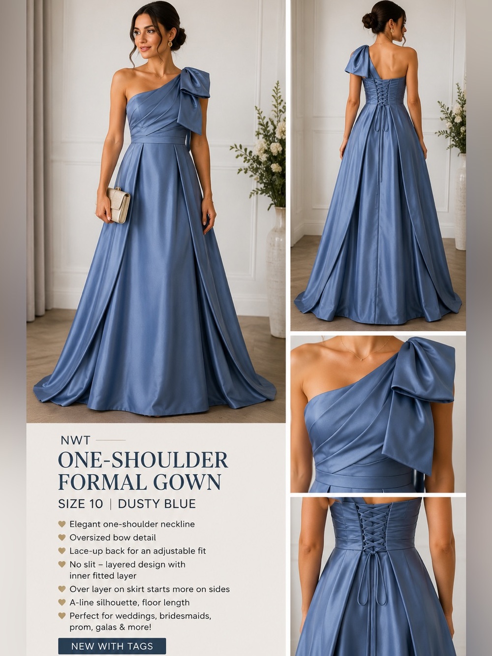 Dusty Blue One-Shoulder Formal Gown Lace-Up Back | Satin A-Line Maxi Dress